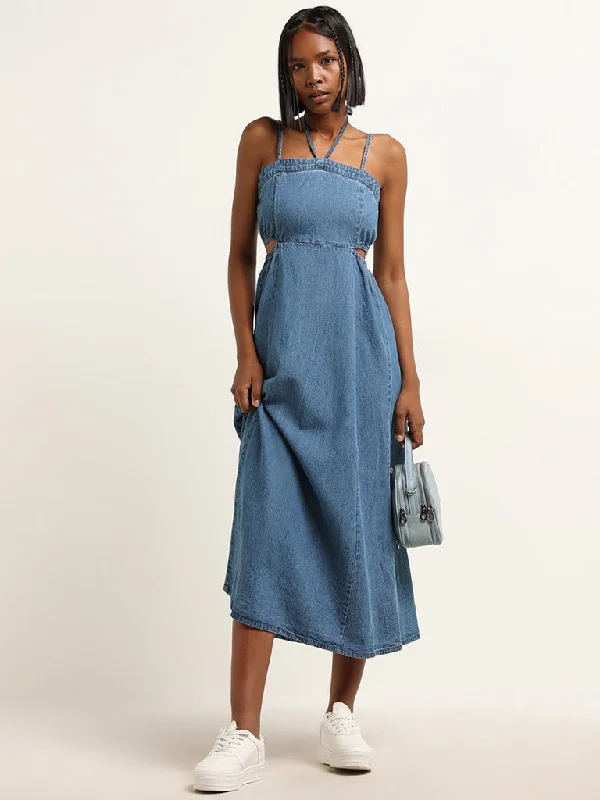 Nuon Blue Cut Out Detailed Straight Fit Denim Dress